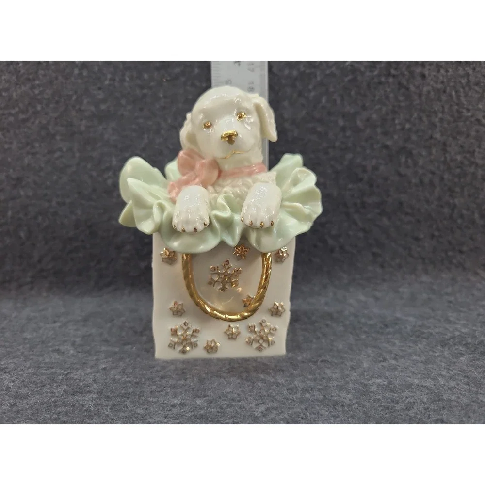 Puppy in Bag Figurine Lenox Christmas Playful Present Dog in a Gift Bag Holiday